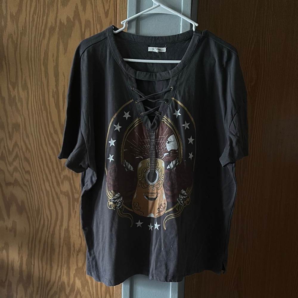 Black Graphic Tee with Guitar Design